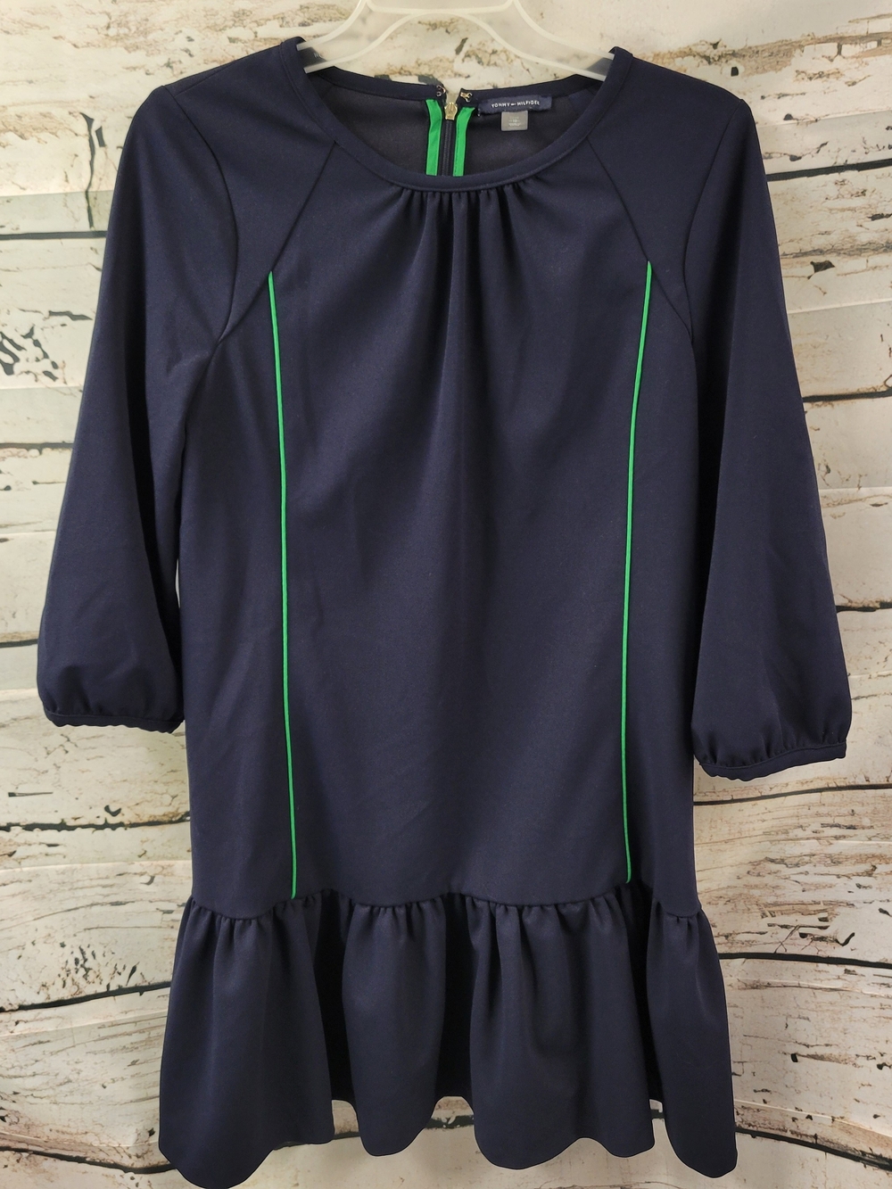 Tommy Hilfiger Navy Blue Green Trim Ruffle Hem Fit & Flare Dress Size 12 Preppy